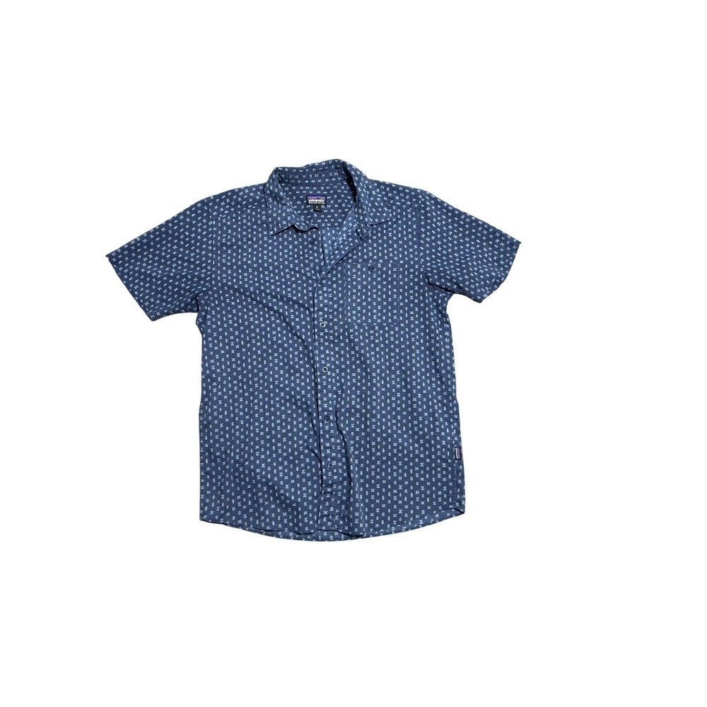 Patagonia Shirt Mens Medium Blue Geometric Short Sleeve Organic Cotton Button Up